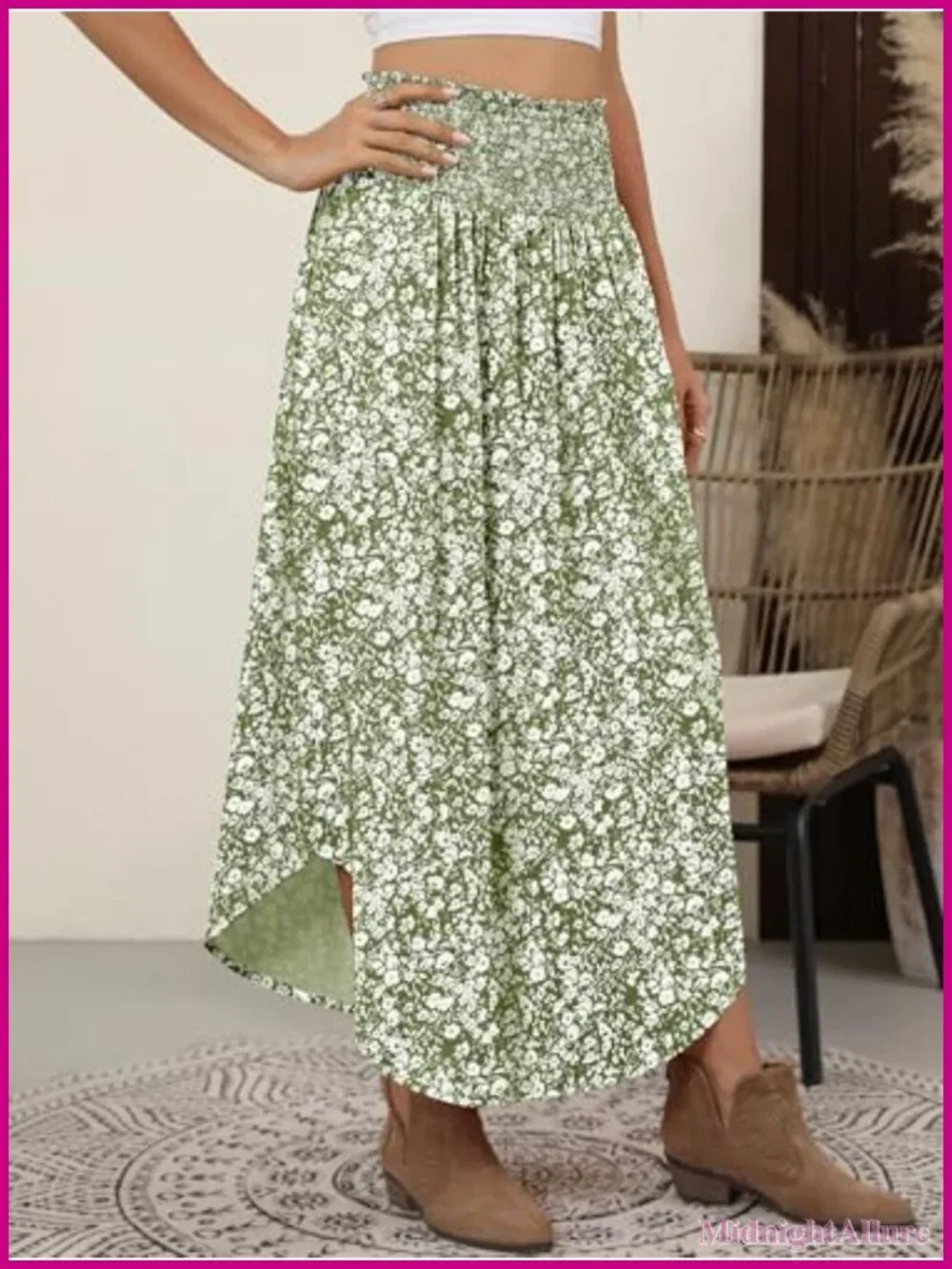 Maxi Skirt Flowy Pleated High Waisted with Pockets Boho
